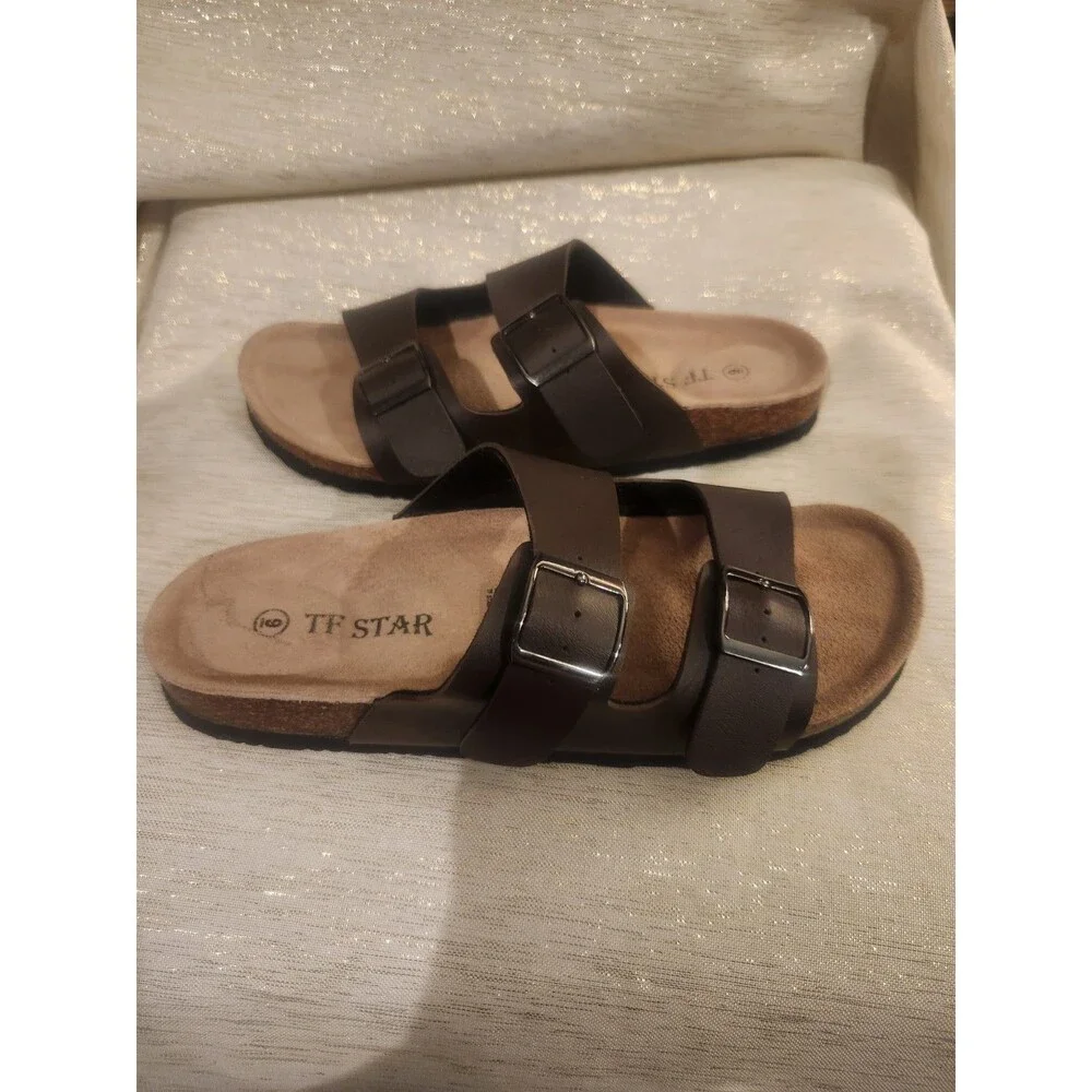 TF Star Brown Leather Unisex Flat Strap Sandals Adjustable Buckle Size 9